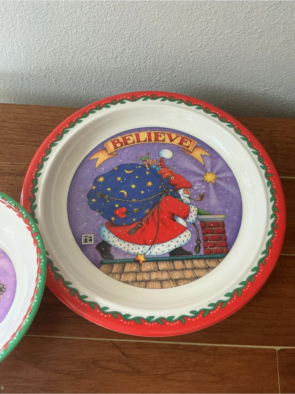 Mary Engelbreit Red and Green 'Believe' Santa Plate and Bowl Set